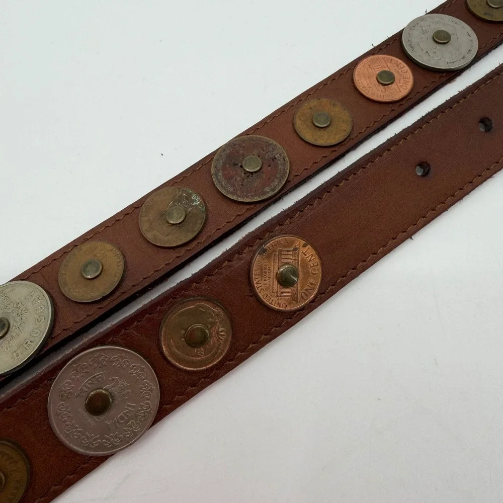 Vintage Leather Belt Womens XS Coin Studded International Currency Brown Boho